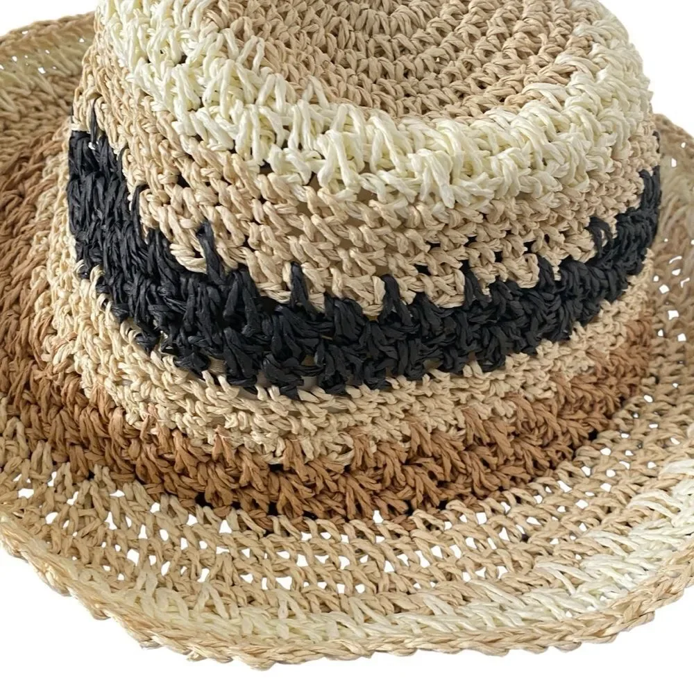 Crochet Stripe Beige Black Ivory Bucket Hat NWT